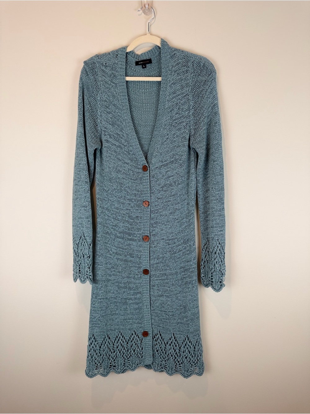 BCBGMaxAzria Dusty Blue Long Knit Button-Front Cardigan Size Large